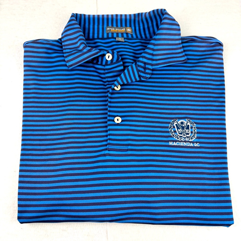 Peter Millar Summer Comfort Polo Shirt Men’s Sz L Blue Striped SS Golf Logo